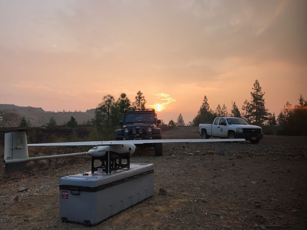 A drone monitoring a wildfire with USFS
